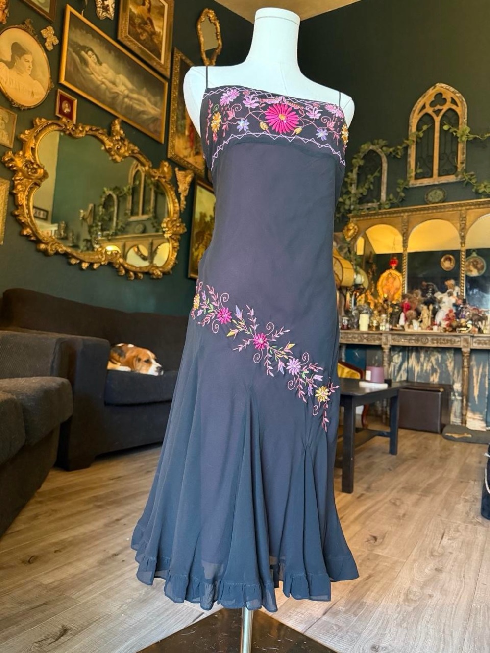 Vintage 90s/Y2K Betsey Johnson New York Embroidered Slip Dress | Floral Sequin M - Picture 7 of 7